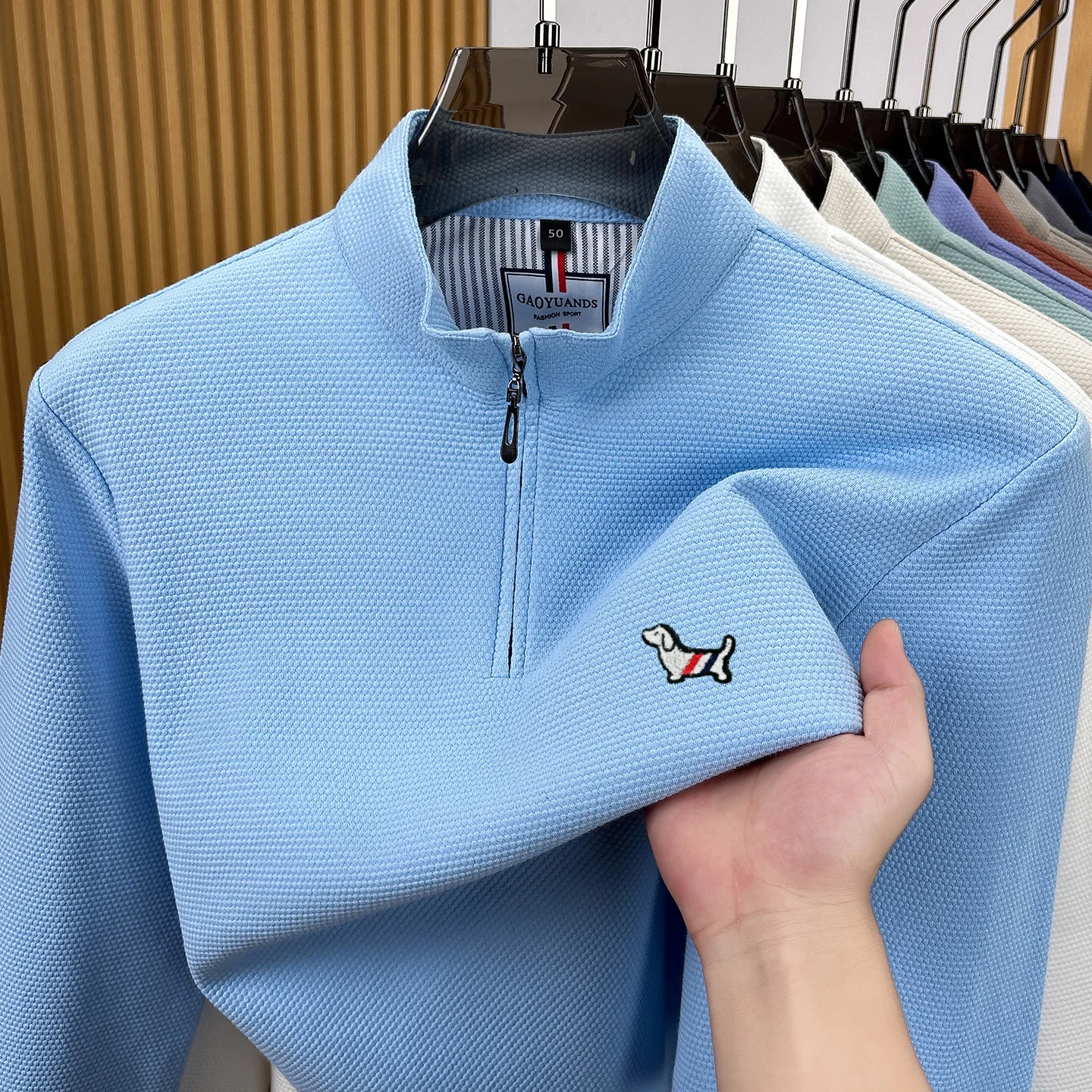 Comfort Cotton Long Sleeve Korean Casual Stand Up Collar Men's Spring Autumn Cartoon Dog Embossed Luxury Brand Trendy Sportswear