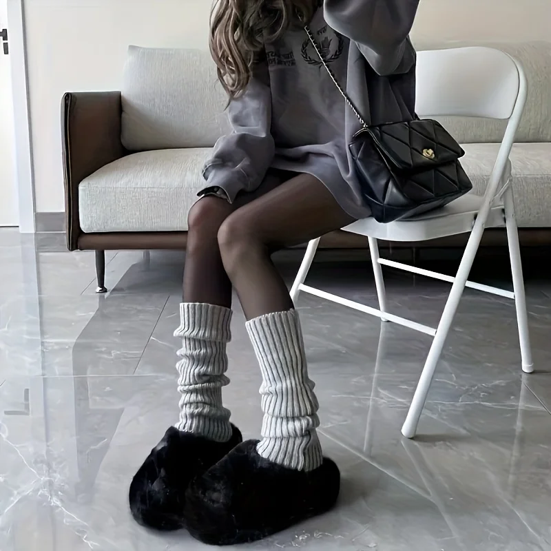 3 أزواج من الجوارب النسائية الخريفية والشتوية سميكة مخططة عمودية عصرية حلوة بلون سادة متعددة الاستخدامات مريحة ودافئة #6