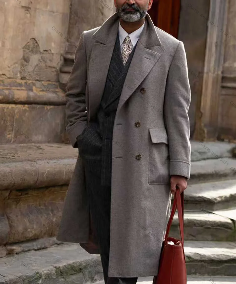 

Grey Woolen Men Suits 1 Pcs Blazer Overcoat Cashmere Wedding Tuxedo Double Breasted Formal Office Male Groom Prom Jacket Coat