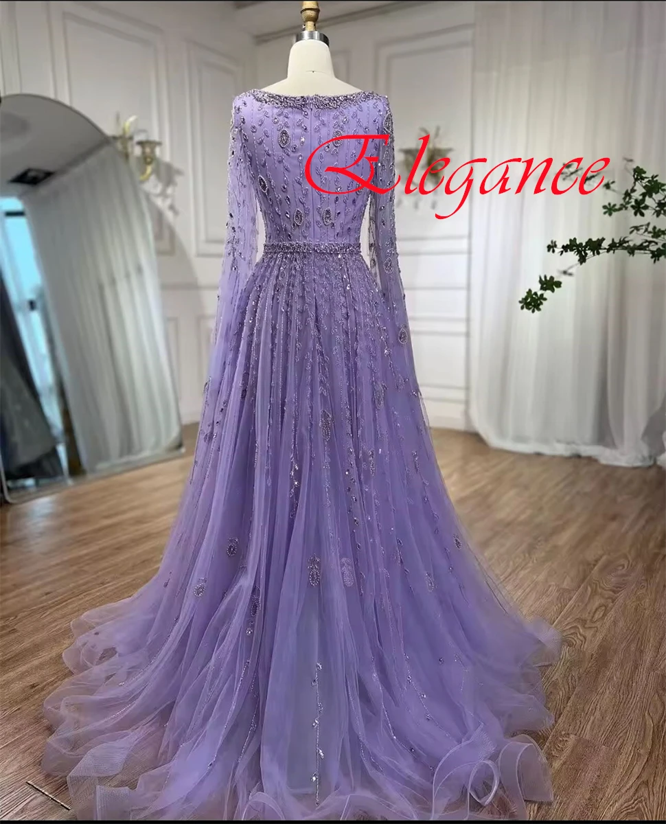 Customized Delicate Light Purple Organza Evening Dress  Graceful Square Collar Long Sleeves Zipper Back Crystal Homecoming Dress