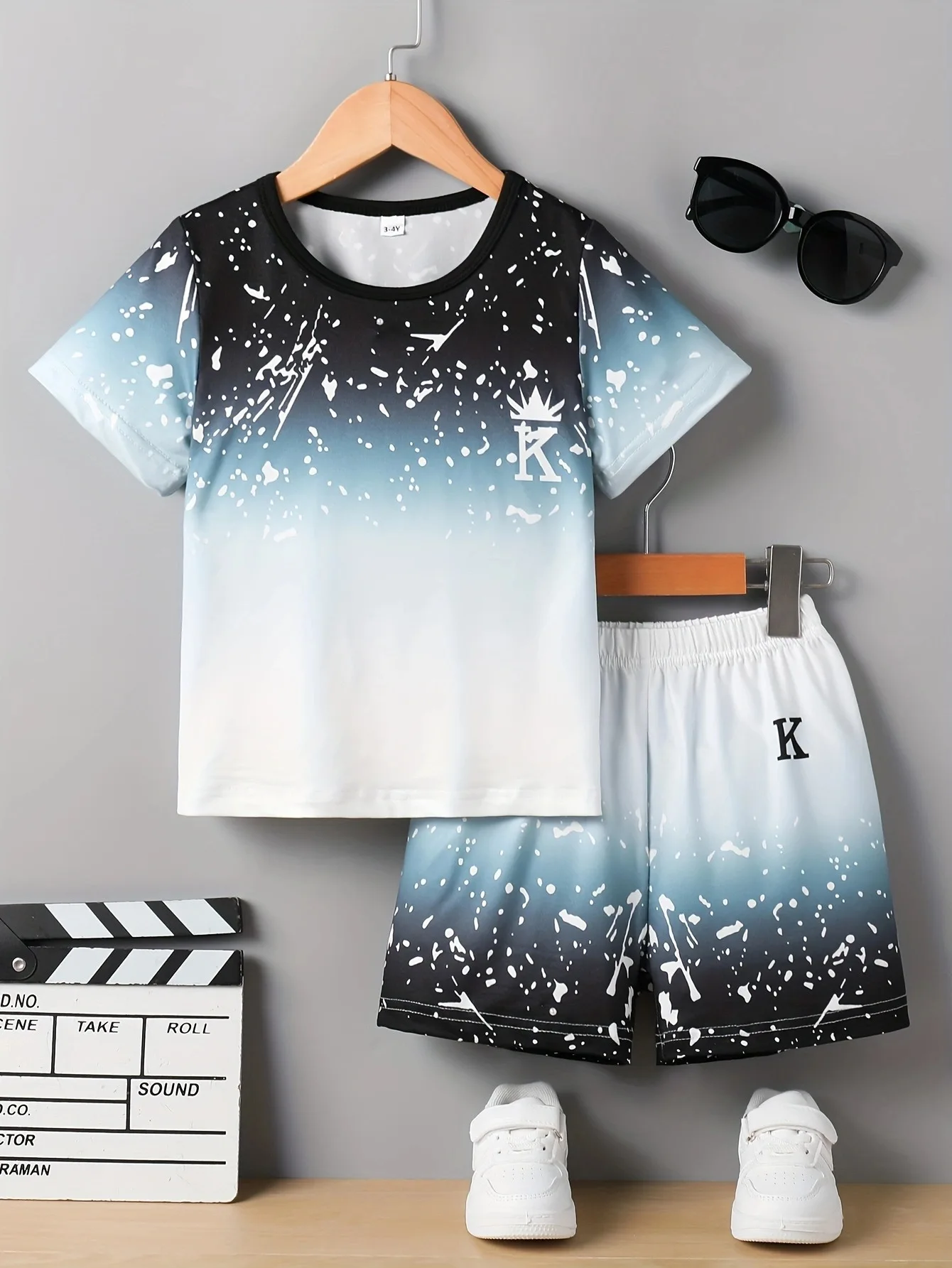 

Summer round neck pullover short sleeved tie dye top, letter printed shorts, children's clothing set for children aged 1-6