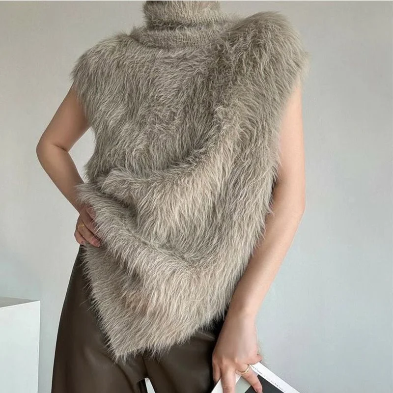 하이넥 니트 인조 밍크 퍼 스웨터 여성 가을 겨울 루즈핏 레이지 스타일 베스트 패셔너블 민소매 다용도 탑 트렌디