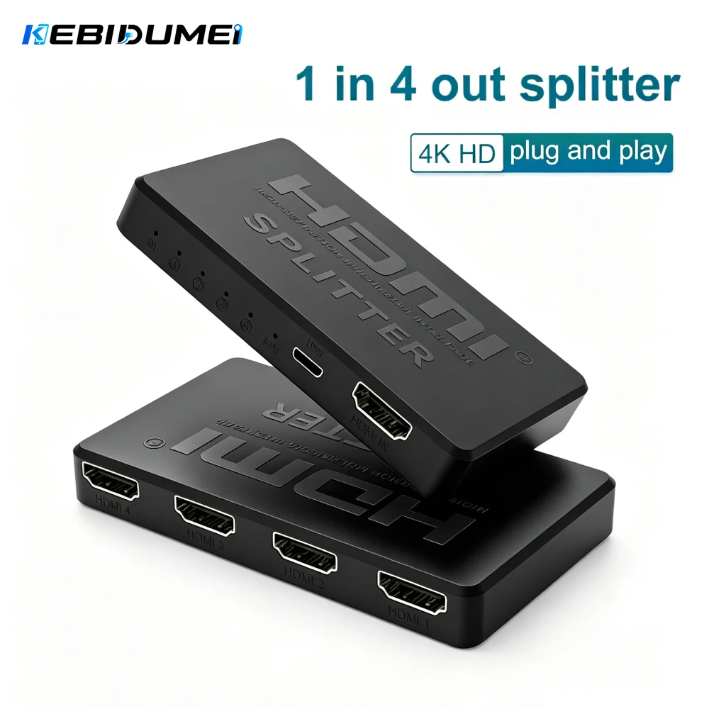 KEBIDUMEI 4K 2K HDMI-compatible Splitter 1 in 4 out 4x1 HDMI-compatible Switch HD 1080P Video Switcher for Xbox PS4 DVD HDTV PC