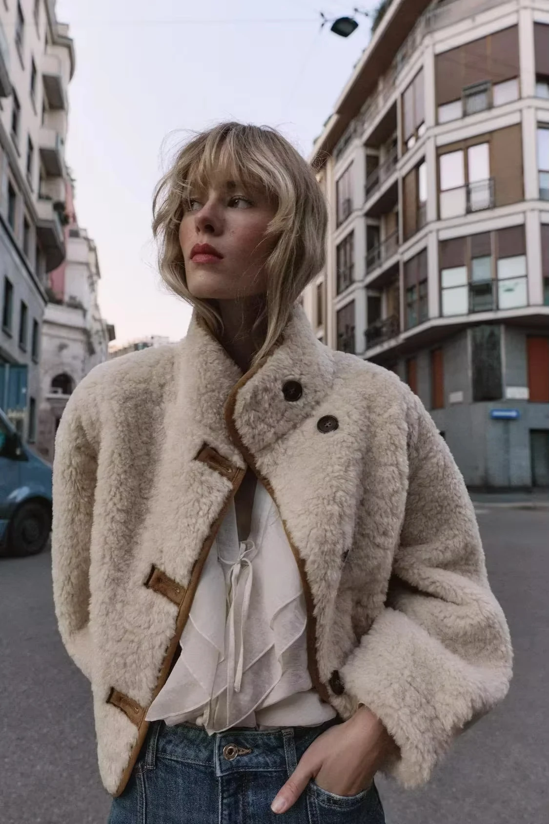 AW Casual Reversible Lamb Wool Coat Women Stand Collar Single Breasted Pocket Loose Short Warm Jacket Commute Office Jackets