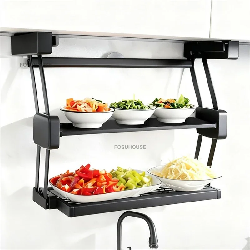 Pull-Out Lift-Up Spice Rack for Kitchen Cabinets Retractable Organizer Minimalist Two-Tier Foldable Dish Bowl Storage Furniture