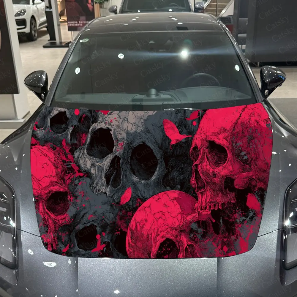 Car Decal Gothic Culture-Inspired Combination of Red and Black Skull Elements Car Hood Sticker, Waterproof Self - Adhesive PVC G