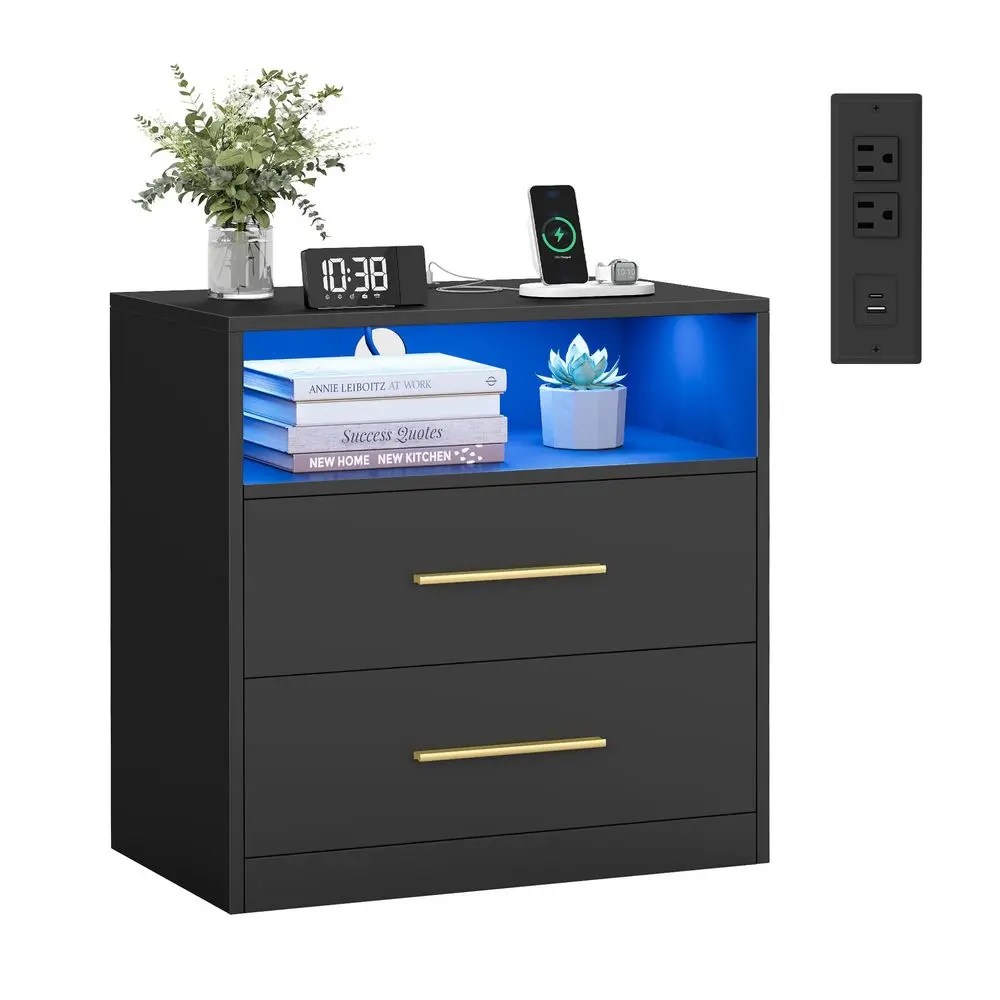 

Прикроватная тумбочка Custos Collection шириной 23,6 дюйма с зарядной станцией, светодиодной подсветкой, современная прикроватная тумбочка, приставной столик с ящиками