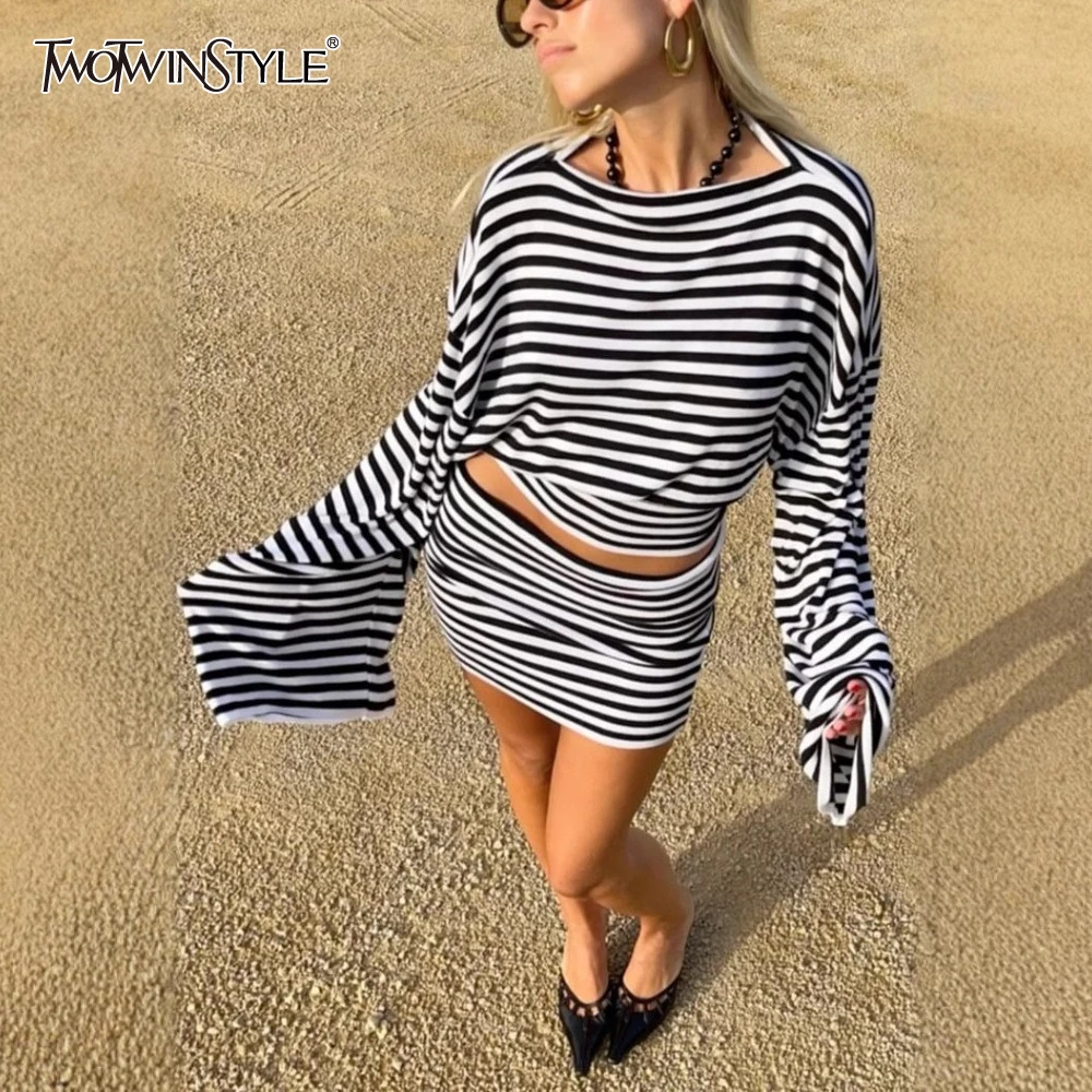 

TWOTWINSTYLE Striped Two Piece Set for Women O Neck Long Sleeve Loose Top Low Waist Slimming Skirt American Casual Suit Female
