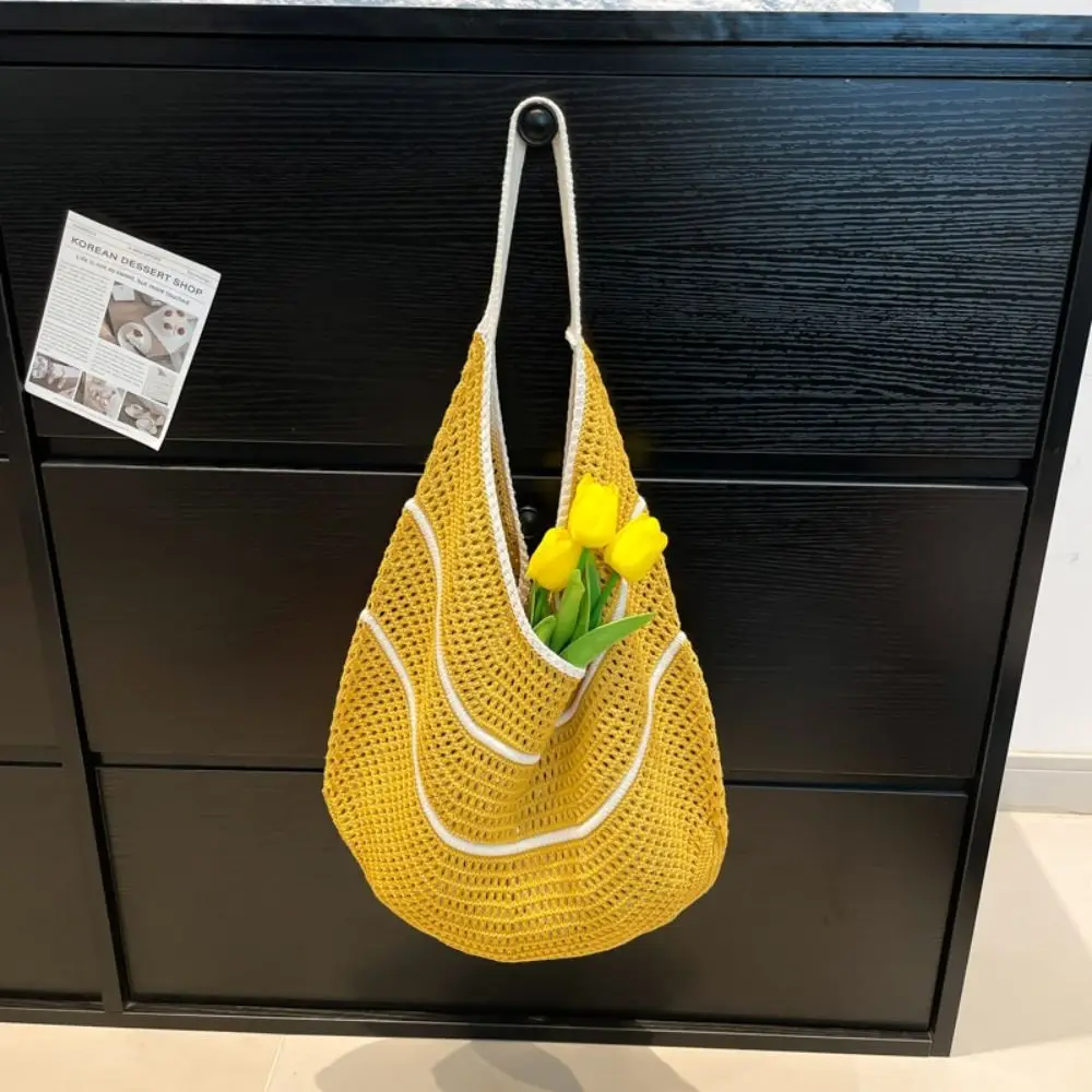 กระเป๋าถือถักไหมพรมสีพื้นสไตล์เกาหลี ความจุเยอะ กระเป๋าโท้ทโครเชต์สีตัดกัน กระเป๋าถือสานลำลองแบบโปร่ง