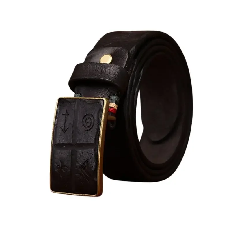 Handmade Carved Pattern Smooth Buckle Belt – Retro Style, Men's Full Grain Cowhide Jeans Belt