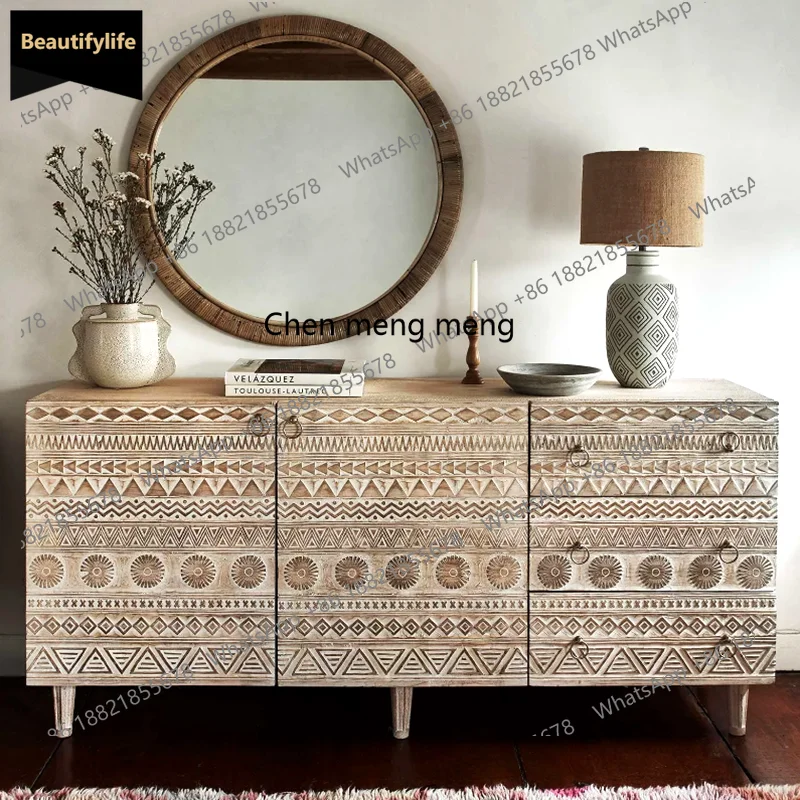 

A139 Medieval solid wood dining side cabinet is silent, retro style storage cabinet art carving Nordic side cabinet