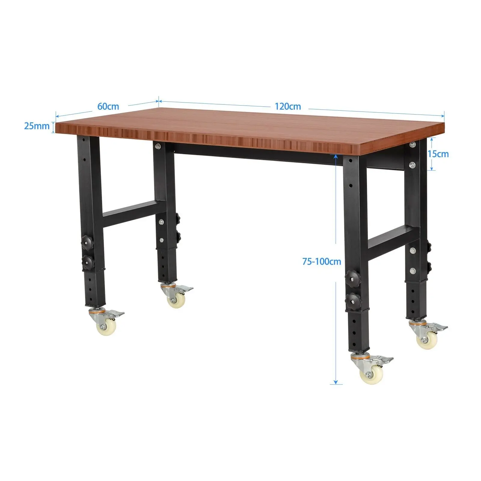 ERGOMASTER 120cm Adjustable Workbench Heavy-duty Workstation Bamboo Top Lockable Casters