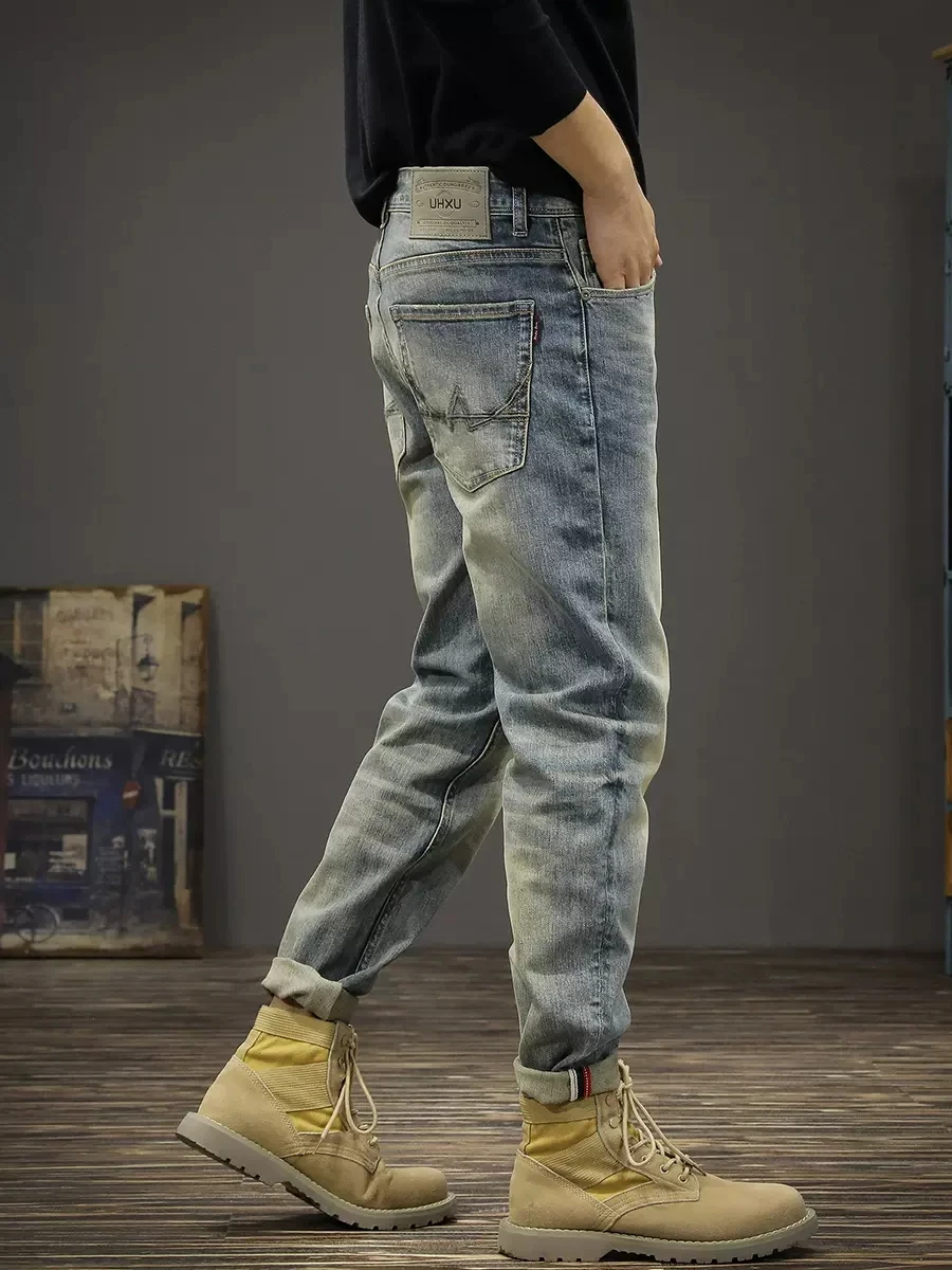 Italian Style Fashion Men Jeans High Quality Retro Blue Elastic Slim Fit Ripped Jeans Men Vintage Designer Denim Pants Hombre