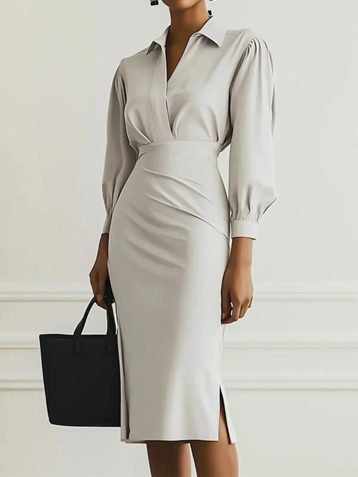 Damen Rüschenkleid mit V-Ausschnitt und Puffärmeln, Midi-Länge, Bleistiftschnitt, geraffte Taille, Schlitz, elegantes Bürokleid – Detail 9
