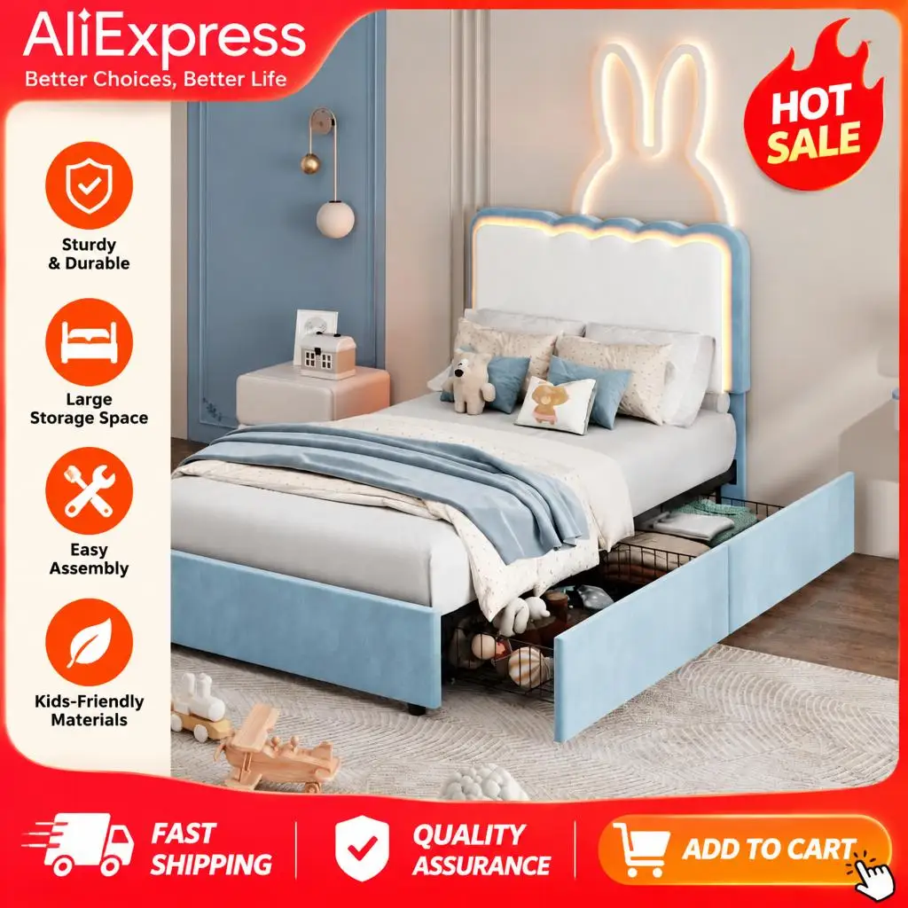 GarveeLife Modern LED Upholstered Platform Bed Frame – Adjustable Double Wave Velvet Headboard – Storage Drawers – Heavy Duty Metal & Wood Support – No Box Spring Needed – Queen Size – Light Blue/White
