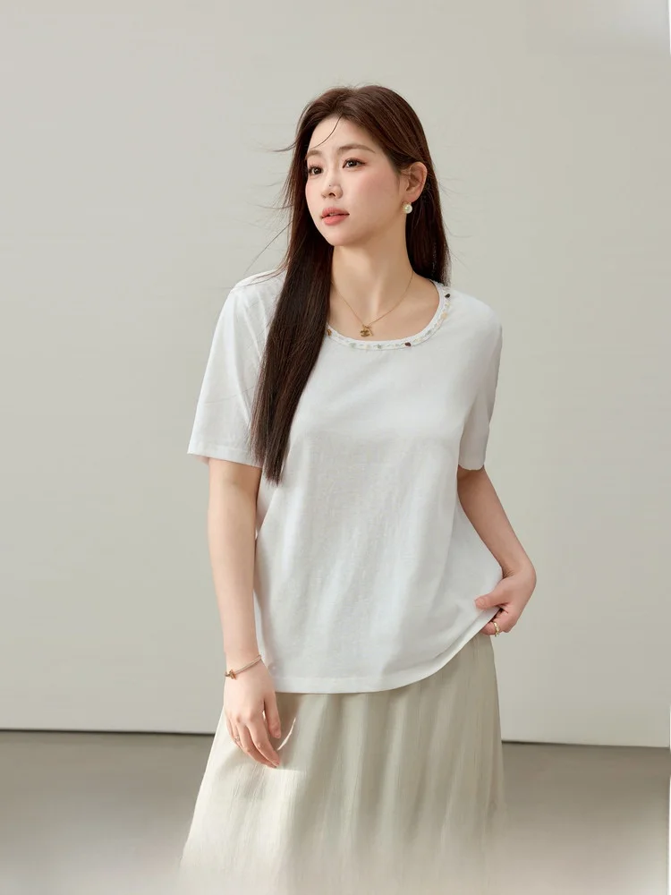 

Ретро-футболка с цветочным кружевным воротником, универсальная, с коротким рукавом, больших размеров, женская, модная, в корейском стиле, с круглым вырезом, из смесового хлопка, летняя...