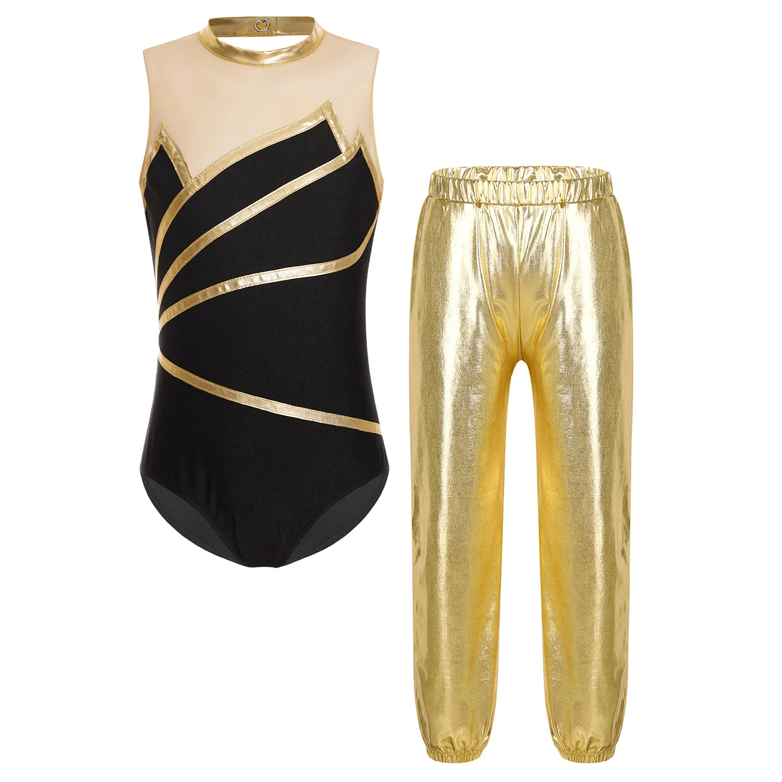 Children Girls Modern Jazz Dance Outfit Hip Hop Street Dancing Performance Costume Metallic Striped Gymnastics Leotards Pants