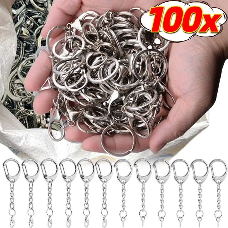 

100pcs Metal Lobster Clasp Key Ring Keychain Sliver C Shape Clasps Connector Hook For DIY Jewelry Making Finding Keyring Chain