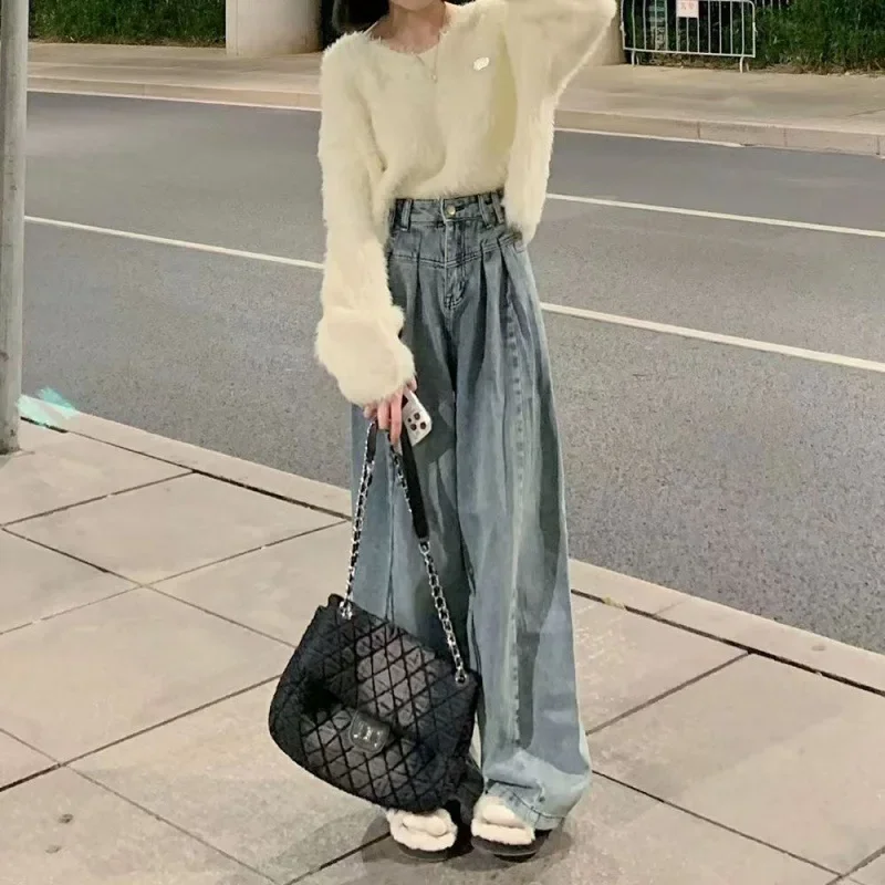 

Vintage Blue Denim Wide Leg Pants Women Korean High Wiast Loose Straight Jeans Woman Autumn Winter Streetwear Trousers