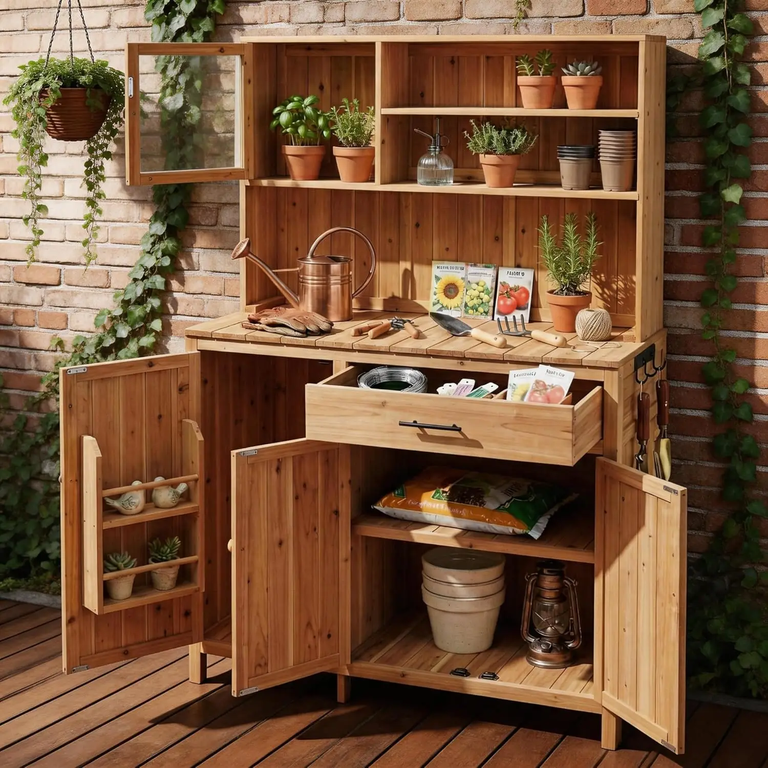 

Garden Workbench with cabinets, 65-inch Tall Solid Cedar Wood Garden Workbench with Storage compartments, Outdoor, Customized