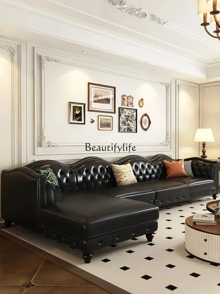 04American retro leather sofa living room small apartment brown European corner sofa