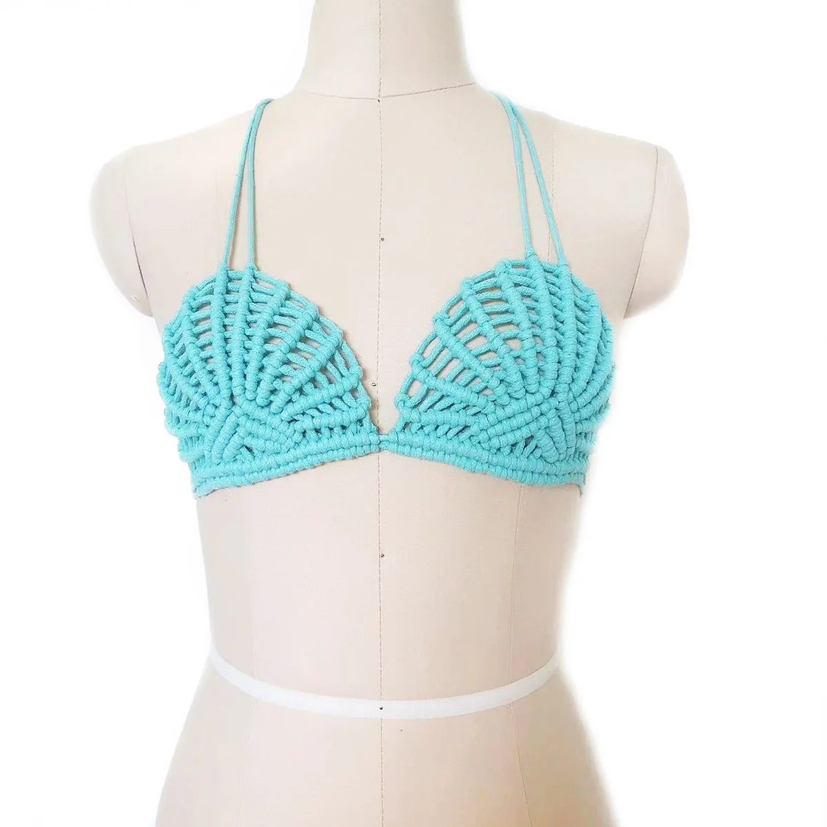 ハンドメイドの青い貝殻マクラメブラ、女神マーメイドビスチェ、ボヘミアンビキニトップ、ビーチカバーアップ、セクシー水着、レイブ衣装、編み込みトップ