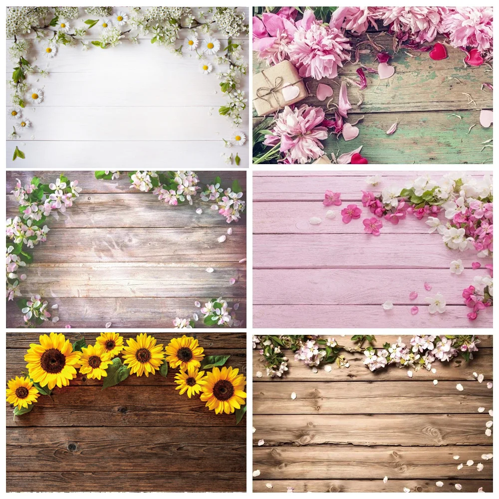 Flowers Backdrop Wooden Texture Board Floor Wall Photography Backgrounds for Mother's Day Bridal Baby Shower Birthday Party