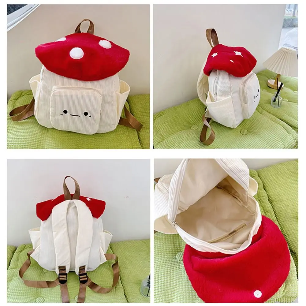 Corduroy Cartoon Mushoom Backpack Black Red Coffee Star Dot Schoolbag Large Capacity Flip Cover Shoulder Bag Student Supplies