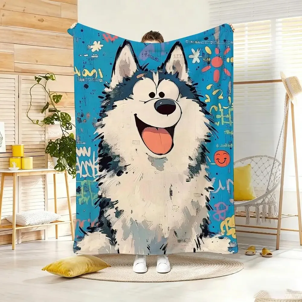 Painting Cute Husky Art Throw Lightweight  Flannel Blanket Soft Skin-friendly for Summer Cooling
