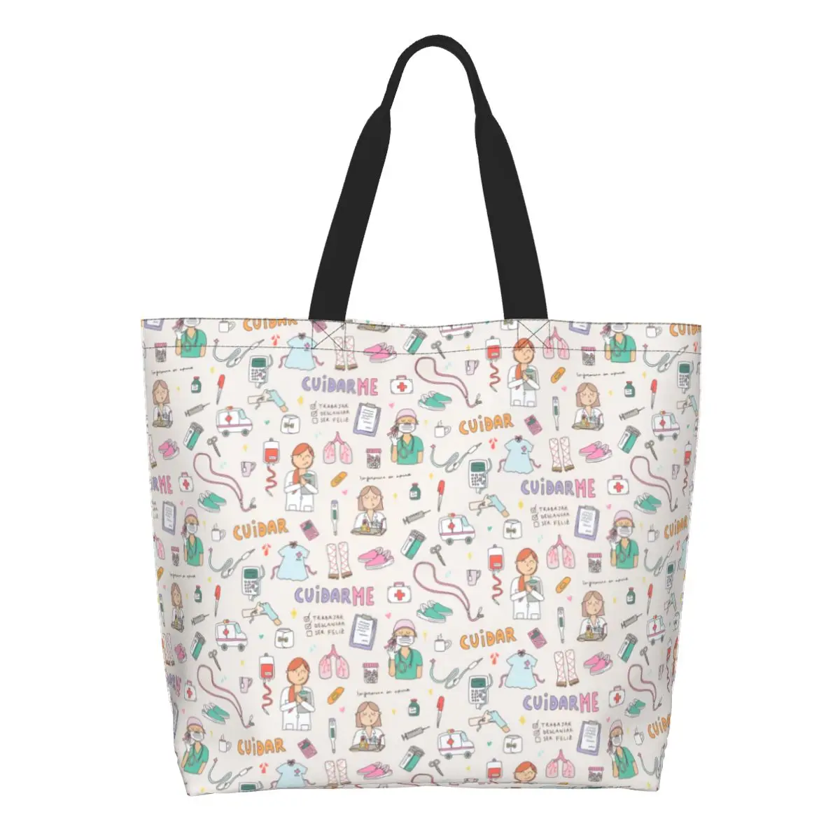 Cartoon Nurse Enfermera En Apuros Grocery Bag Large Capacity Unique Design Gift for Nurse Doctor Stuff For Women Trendy Handbags