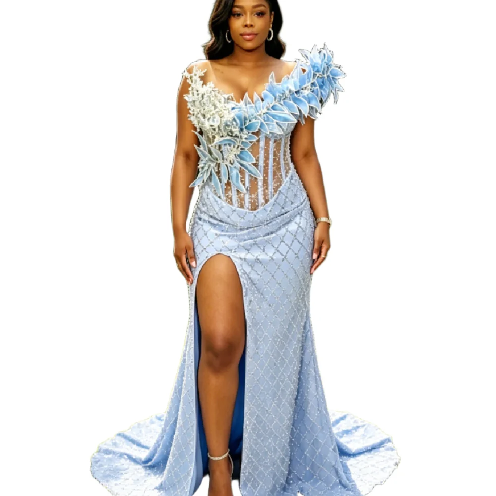 Light Blue 3D Floral Beaded Mermaid Prom Dress One Shoulder Sheer Corset High Slit Evening Gown for Black Girls Curvy Plus Size