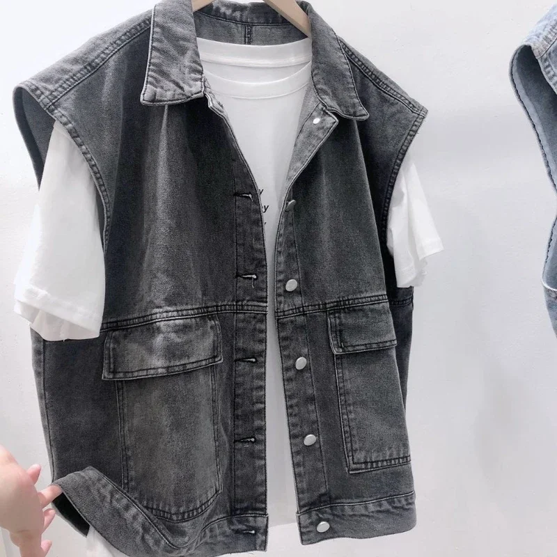 Retro BF Style Denim Jacket Vest Waistcoat Women Sleeveless Casual Japanese Versatile Clothes Outwear Denim Cargo Tops