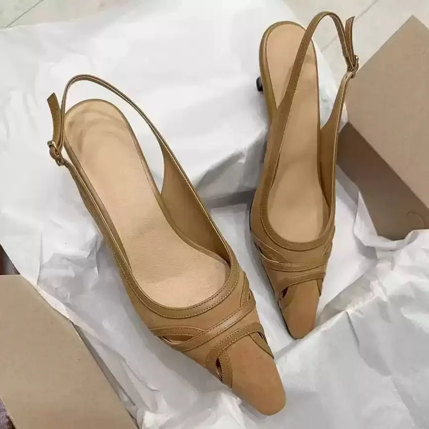 Tan Splice Leather Cutout Pointed Toe Slingback Kitten Heels Adjustable Back Buckle Ladies Office Dating Minimal Elegant Spring