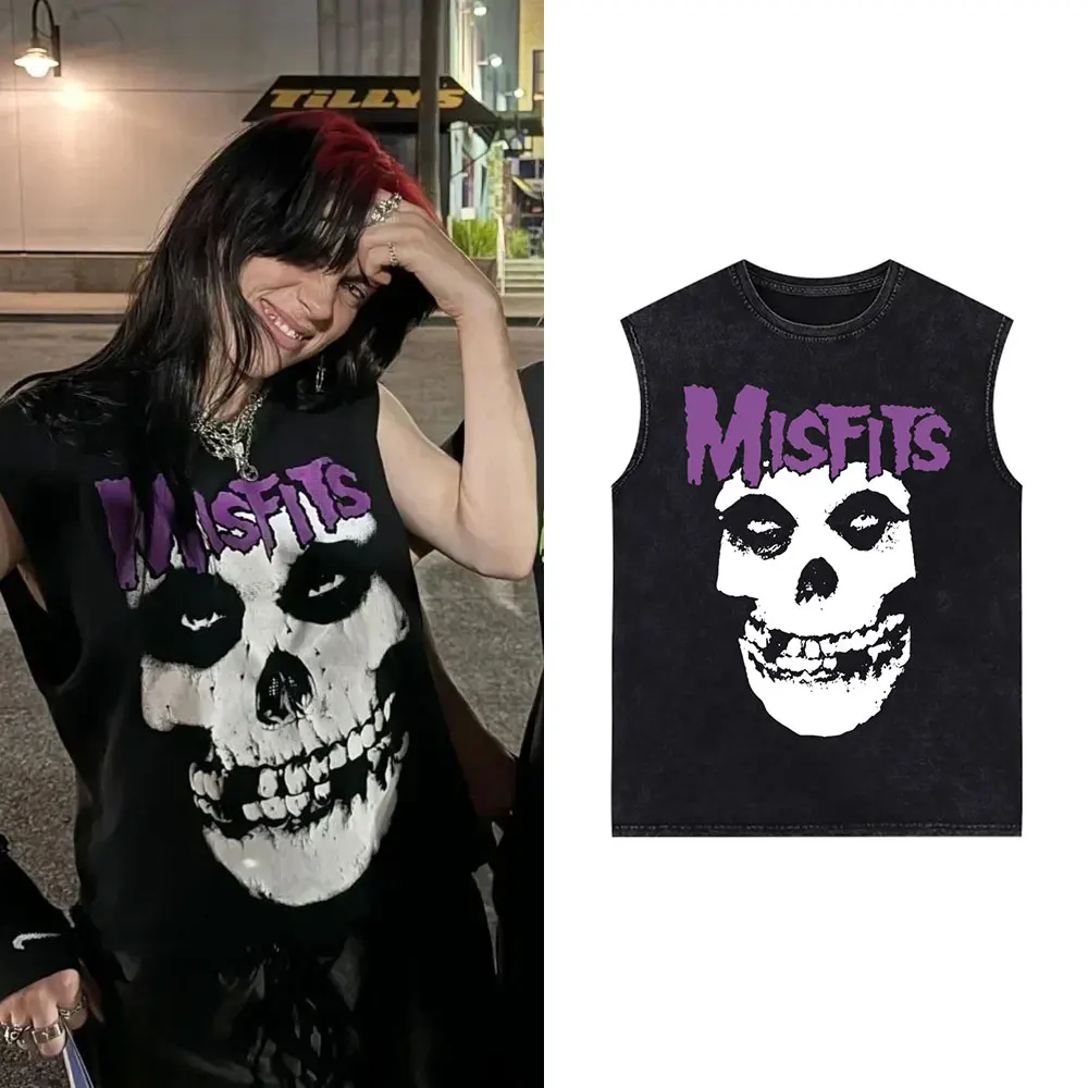 

Horror Punk Misfits Skull Rock Washed Sleeveless Vest T-shirt Men Women Gothic Vintage Oversized Tank Tops Casual Cotton T Shirt