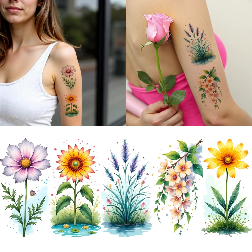 

9 шт. временные татуировки декоративные наклейки временные татуировки наклейки цветочные наклейки акварель для груди, рук, щек