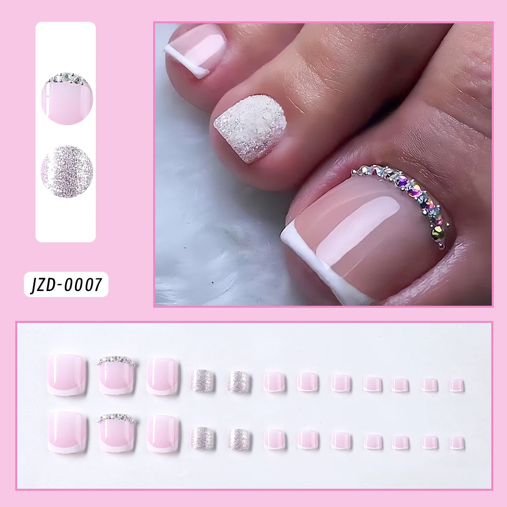 24 pçs glitter unhas falsas curto quadrado unhas do dedo do pé falso com strass acrílico pé dicas de unhas cobertura completa imprensa em unhas dos pés