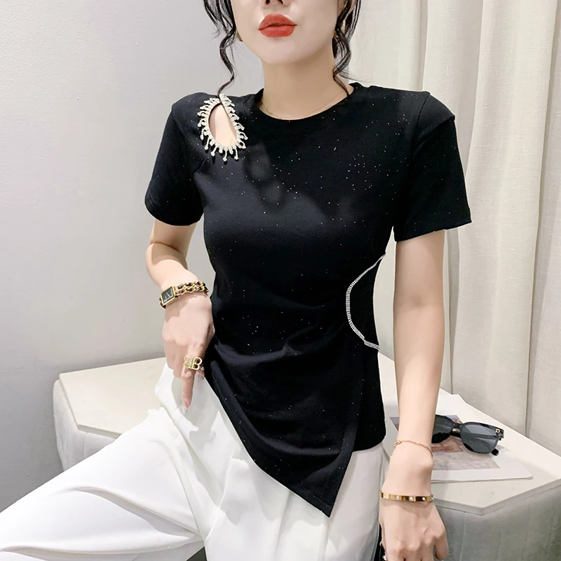 패셔너블한 비대칭 홀로우 아웃 오르트 스페이드 티셔츠 여성 슬림핏 섹시 다이아몬드 장식 탑 한국 스타일 코튼 블렌...