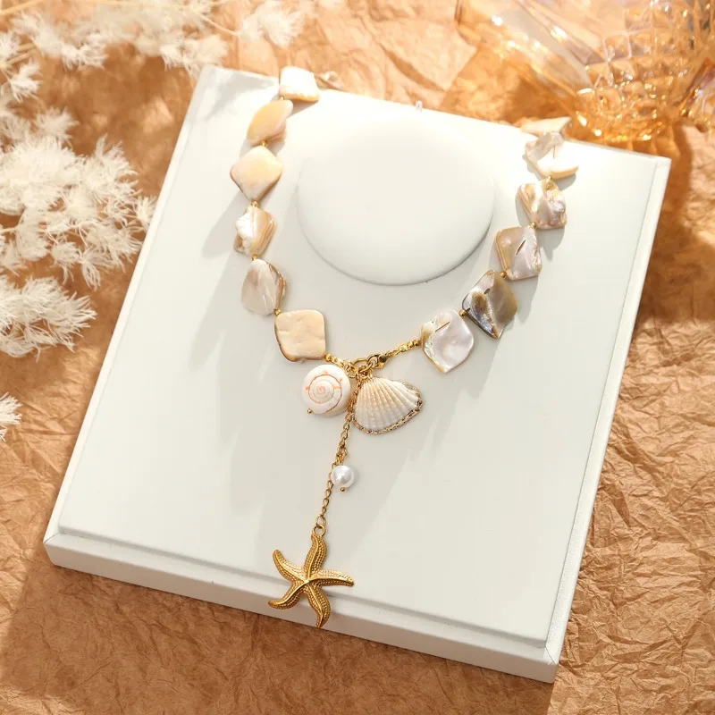 

Ожерелье из натуральных ракушек, кулон в виде морской звезды и раковины, цепочка на ключицы, дизайн в стиле свежего морского ветра, нишевый дизайн, Ins