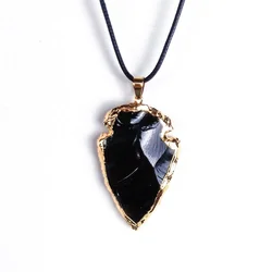 Natural Black Obsidian Arrowhead Shape Pendant Necklace for Men Women Charms Crystal Necklace Rough Healing Point Pendants