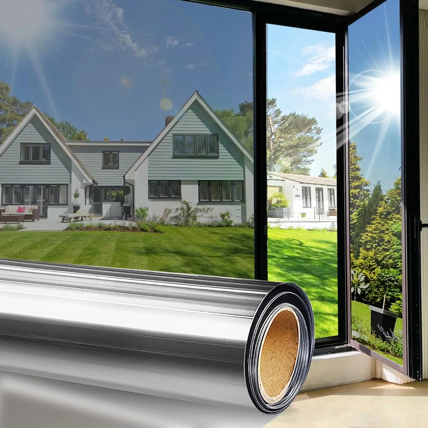

Static Cling Window Film: Sun Blocking, Daytime Privacy Mirror Tint, Heat & UV Protection 90% for Glass Doors (Silver)