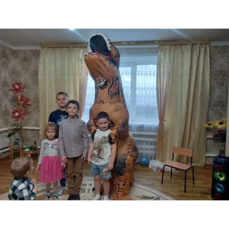 Disfraz inflable de dinosaurio marrón para adultos y niños, traje de fiesta de Cosplay, mascota de fantasía, trajes de Anime para Halloween, dibujos animados, gran oferta, T-REX