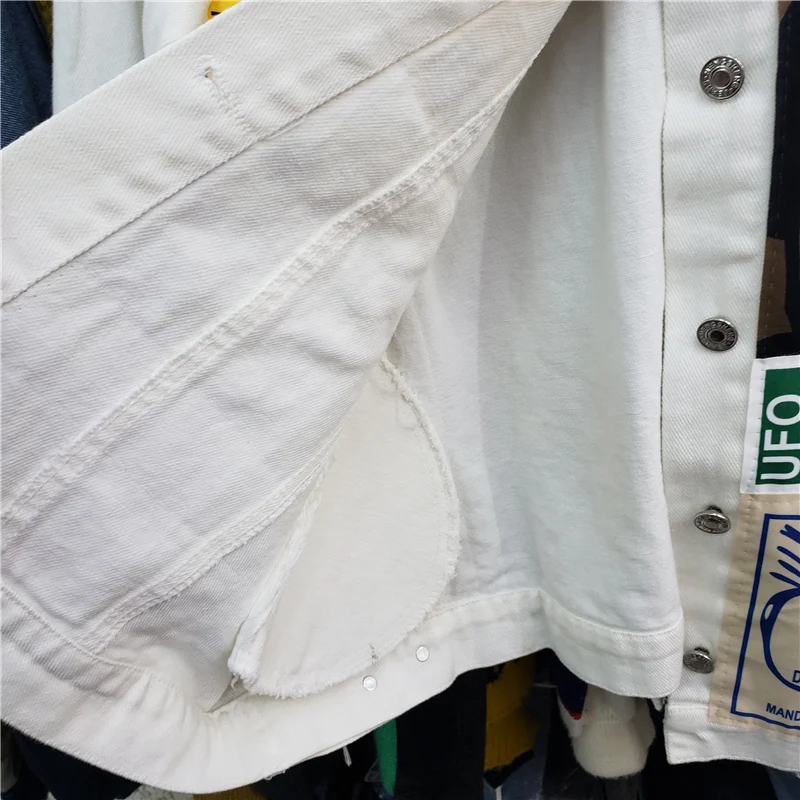 Primavera Vintage Disegni di toppe irregolari Stampa Giacca di jeans Nero Blu Bianco Giallo Casual Giacca di jeans da donna Cappotto Autunno Nuovo