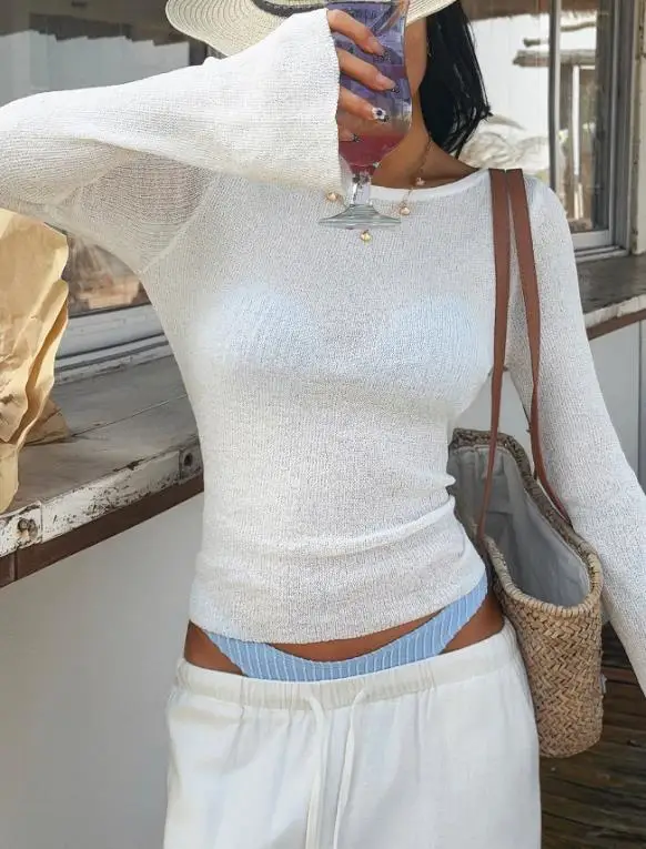 

Women's T-Shirt Spring New Y2K American Spicy Girl Sexy Fashion Solid Color Woolen Horn Sleeve Perspective Long Sleeve Hoodie