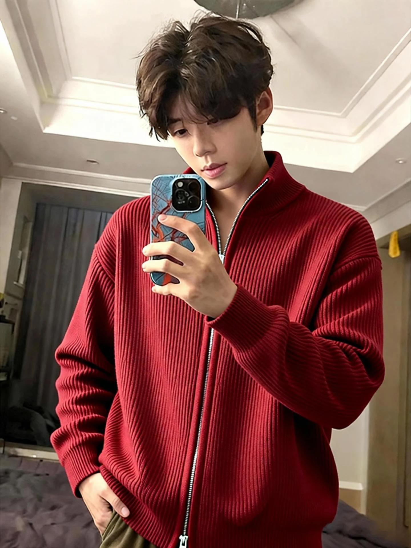 

Красный мужской вязаный свитер с высоким воротником, кардиган с двойной молнией, теплый зимний топ