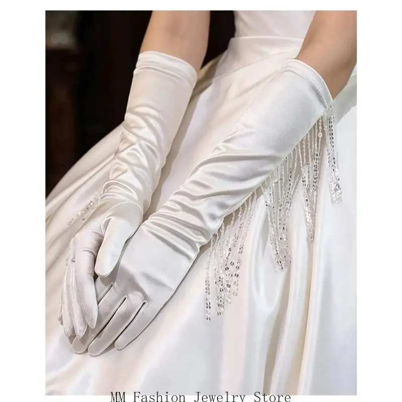 1pair White Bridal Gloves for Women with Soft Luster and Fringe Trim for Wedding Gowns and Formal Ceremonies D0UB