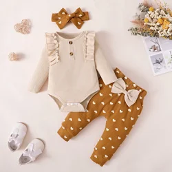 Autumn 3pcs Toddler Newborn Baby Girl Clothes Set Long Sleeve Knitting Top Bodysuit Printed Love Heart Pants Headband Outfit