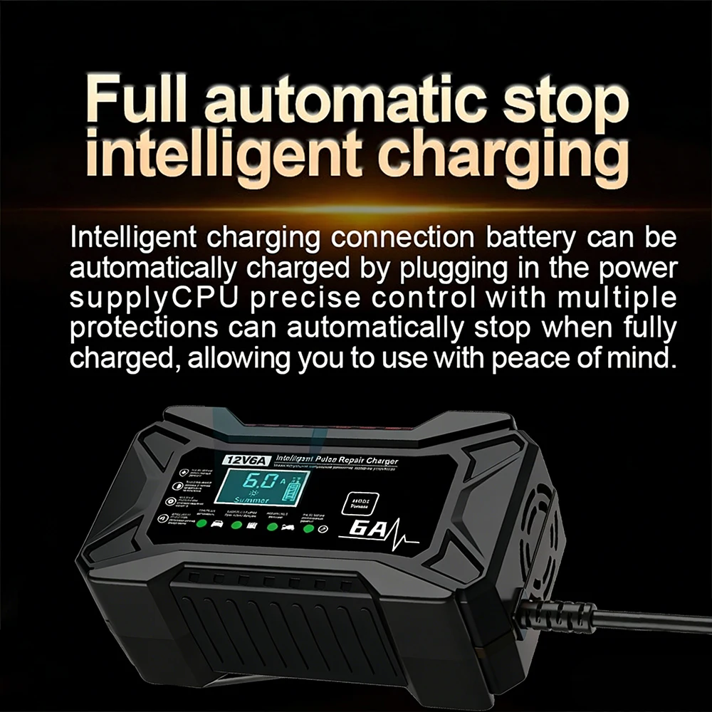 12V 6A Car Battery Charger with Intelligent Current Adjustment for Charging and Battery Protection for Cars Moto Black
