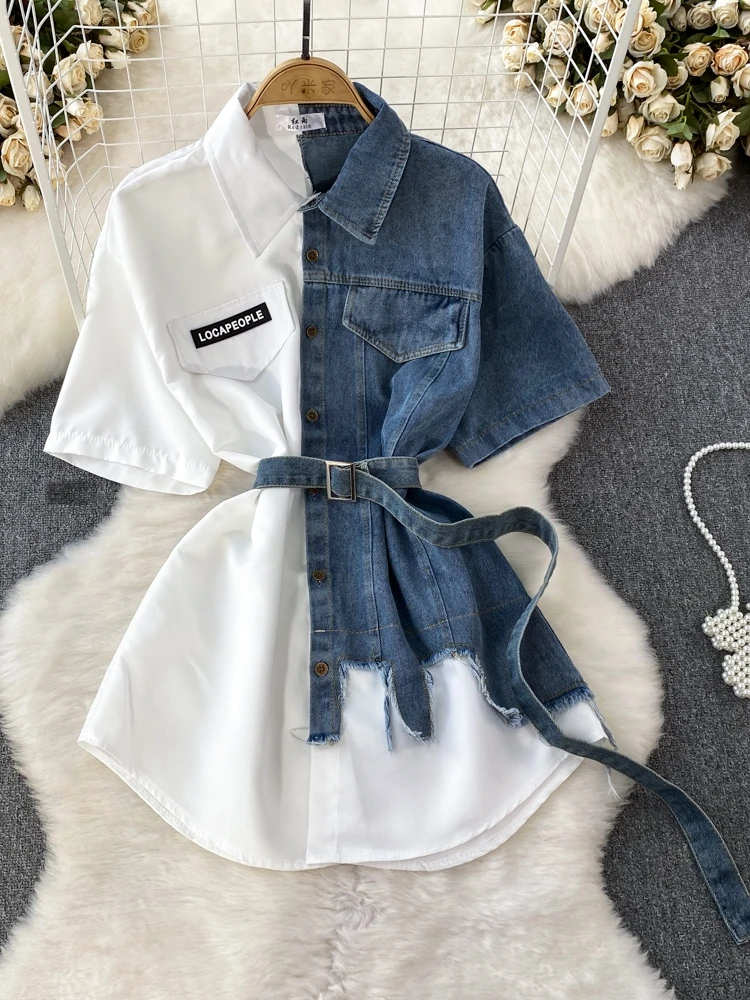 

Slim Fit A-Line irt Dr Women's Mid-Length Single Button Closure Denim Casual Korean Sle Stand Collar ort Sve