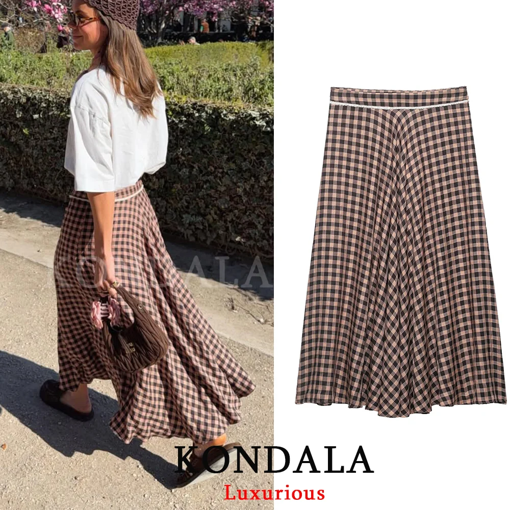 KONDALA Vintage Casual Chic Women Skirt Gingham Zipper Loose Lace Skirt New Fashion 2026 Spring Summer Holiday Female Long Skirt