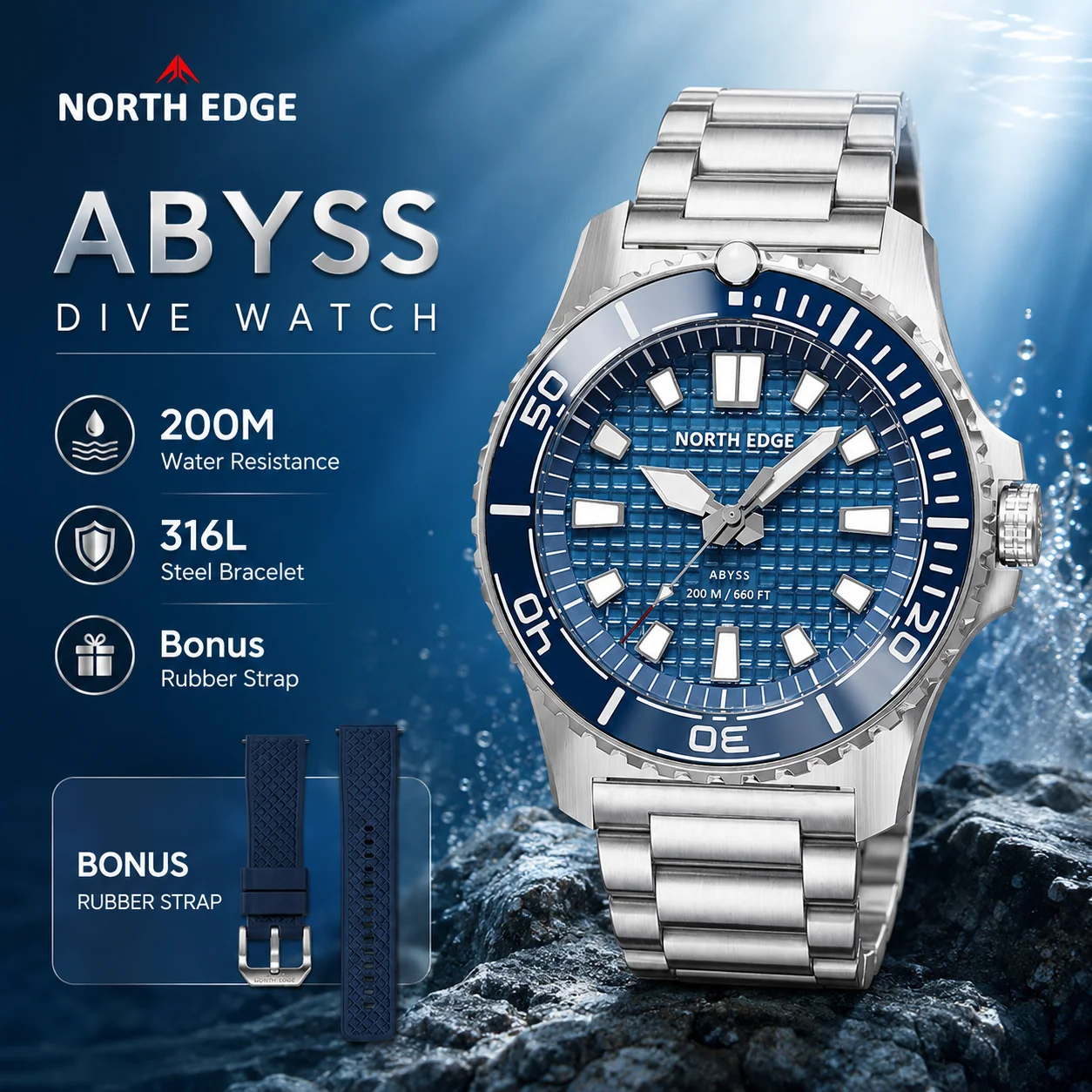 NORTH EDGE ABYSS Men's Solar Dive Watch 200M Waterproof Quartz Sports Wristwatch 316L Steel Case Long Power Reserve